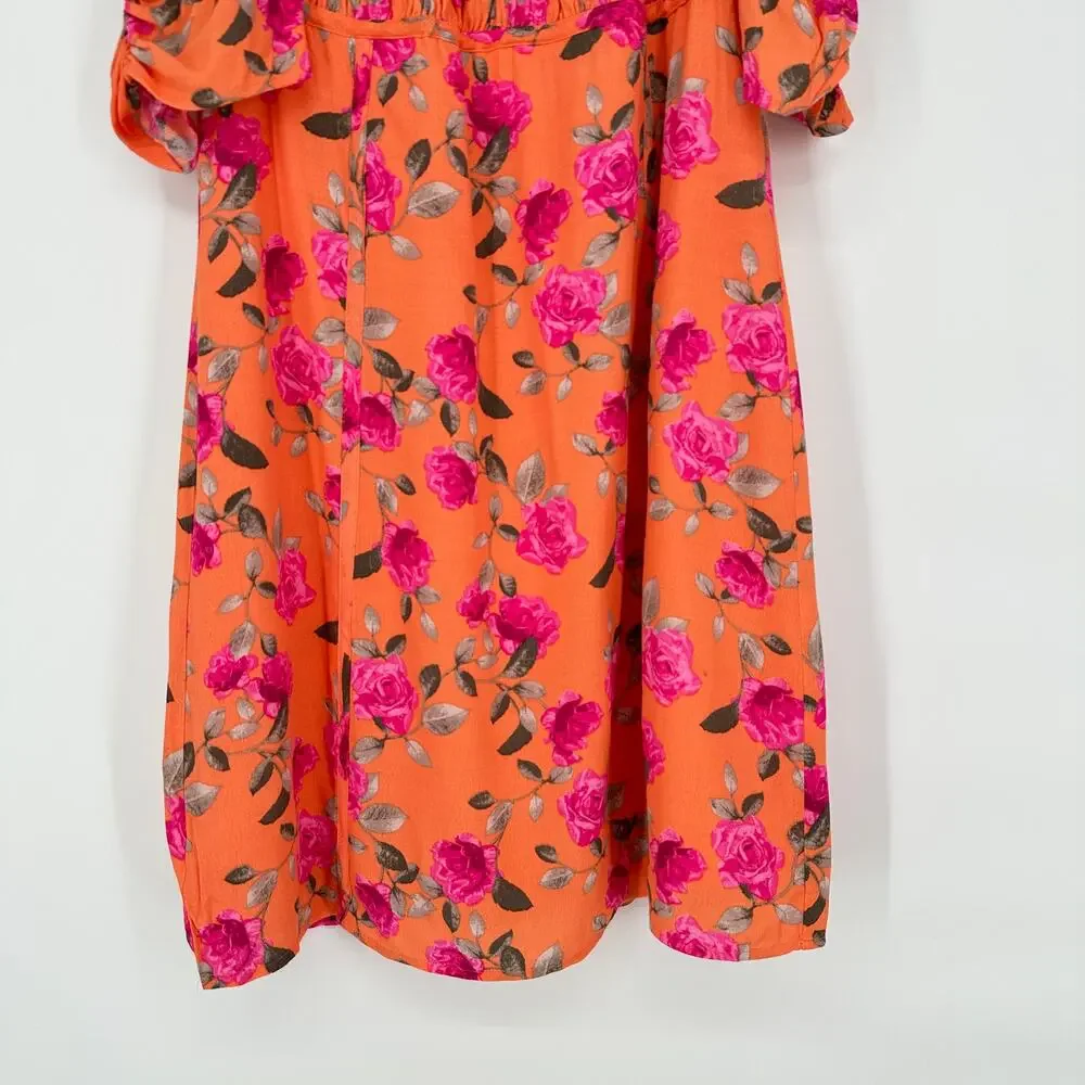 WAYF Liv Puff Short Sleeve Womens Mini Dress Bright Orange Pink Floral Rose XS